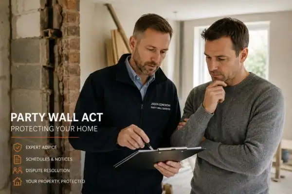 Party wall surveyor London discussing extension plans with homeowner outside a UK semi-detached house.